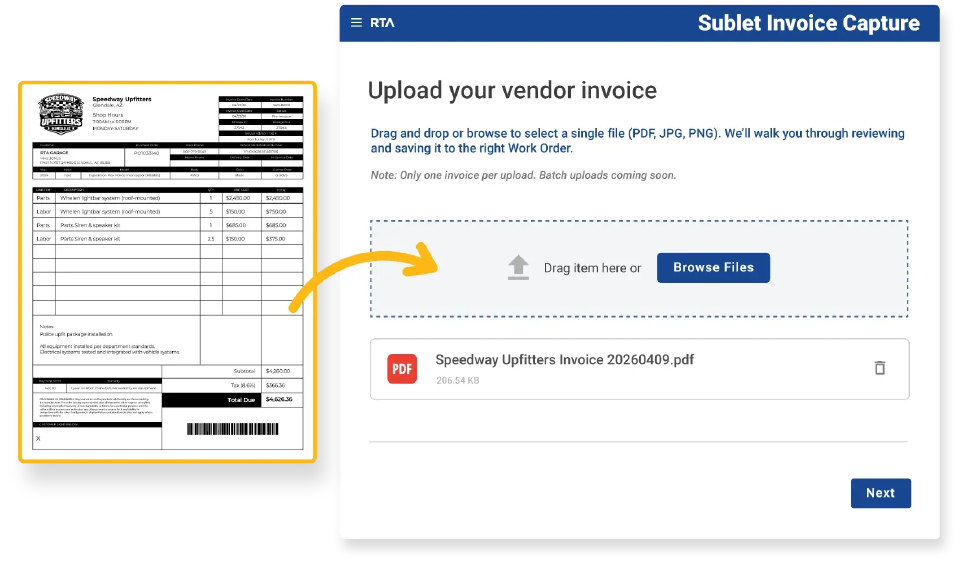Sublet Invoice Capture upload screen showing a vendor invoice ready for AI-assisted extraction
